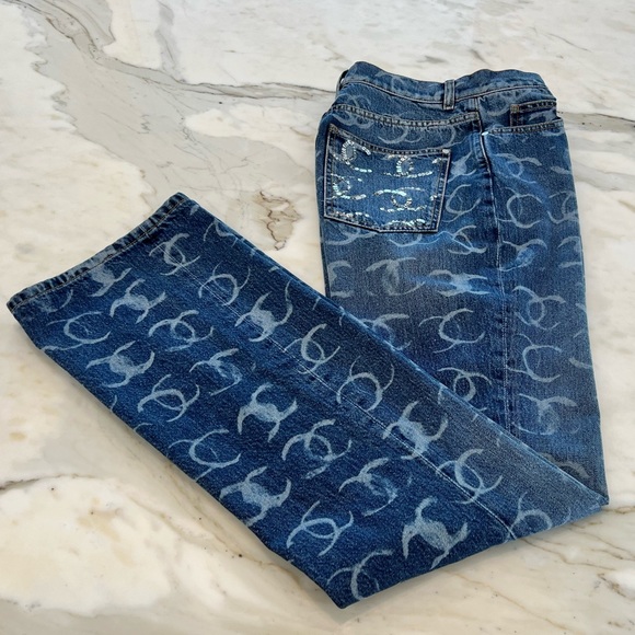 CHANEL 23N CC DARK BLUE SILVER SEQUINS BOOT CUT JEANS SIZE FR 36 / US 4 NWTS! - Picture 8 of 17